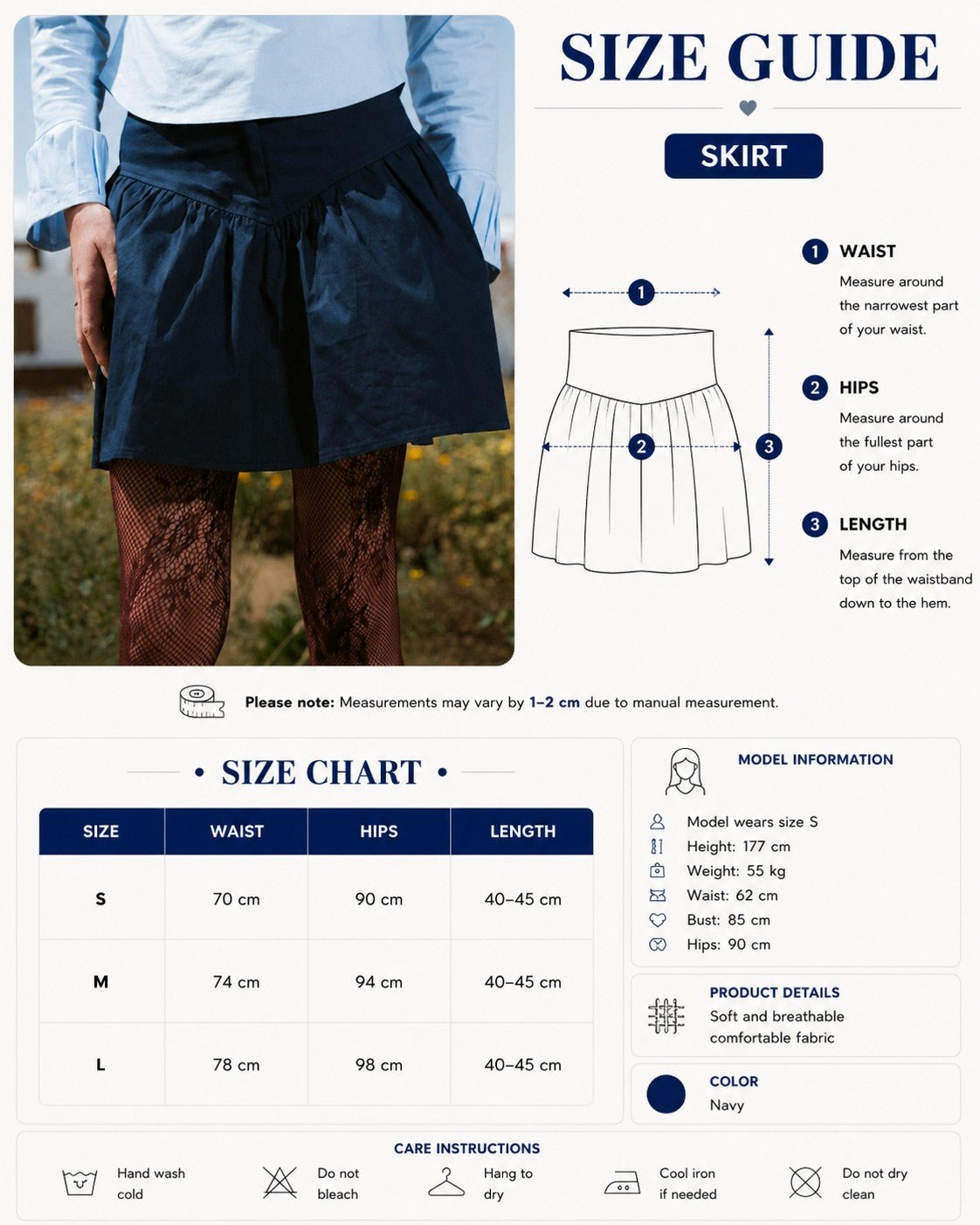 navy blue skirt Size Chart