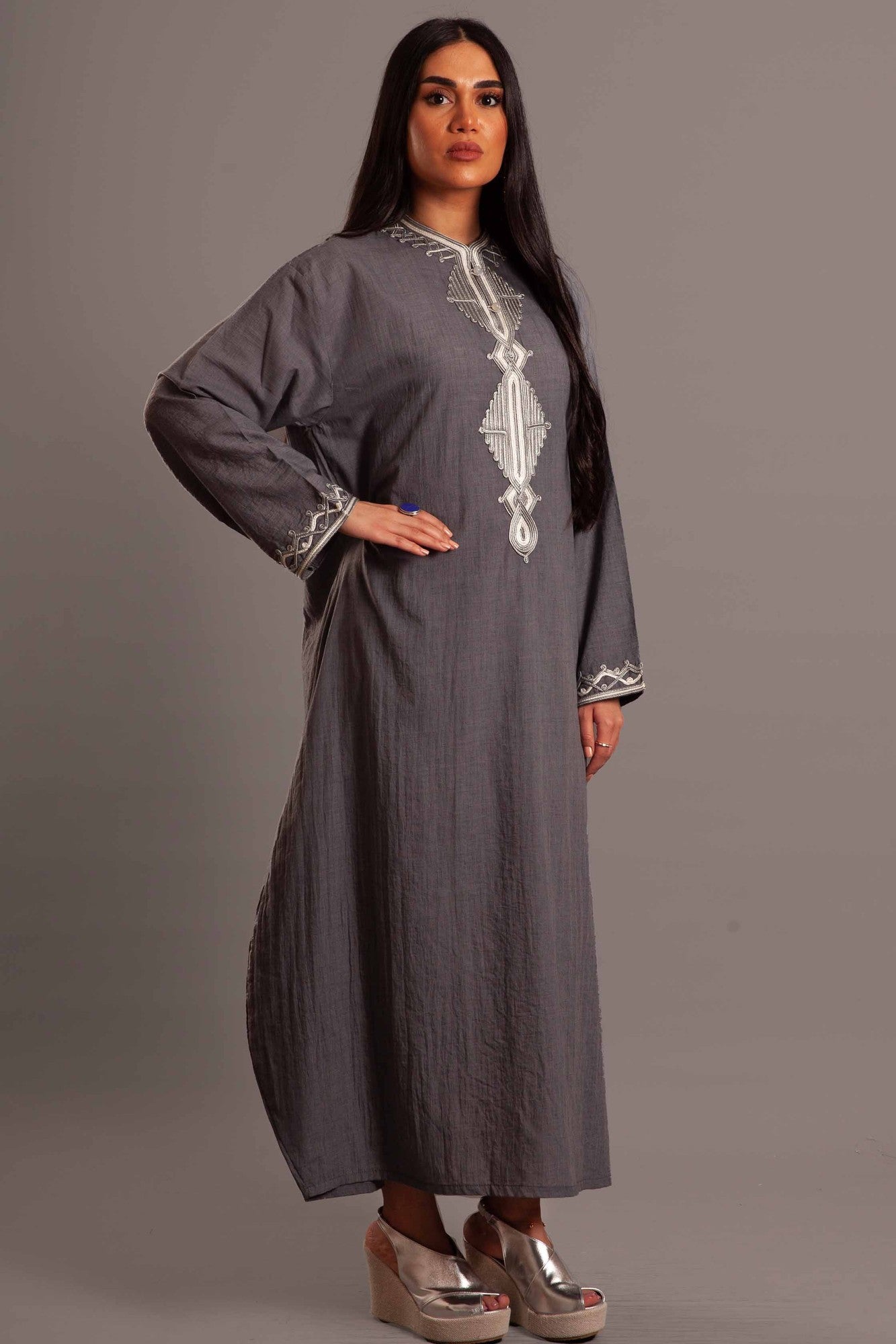 Grey cotton embroidered dress