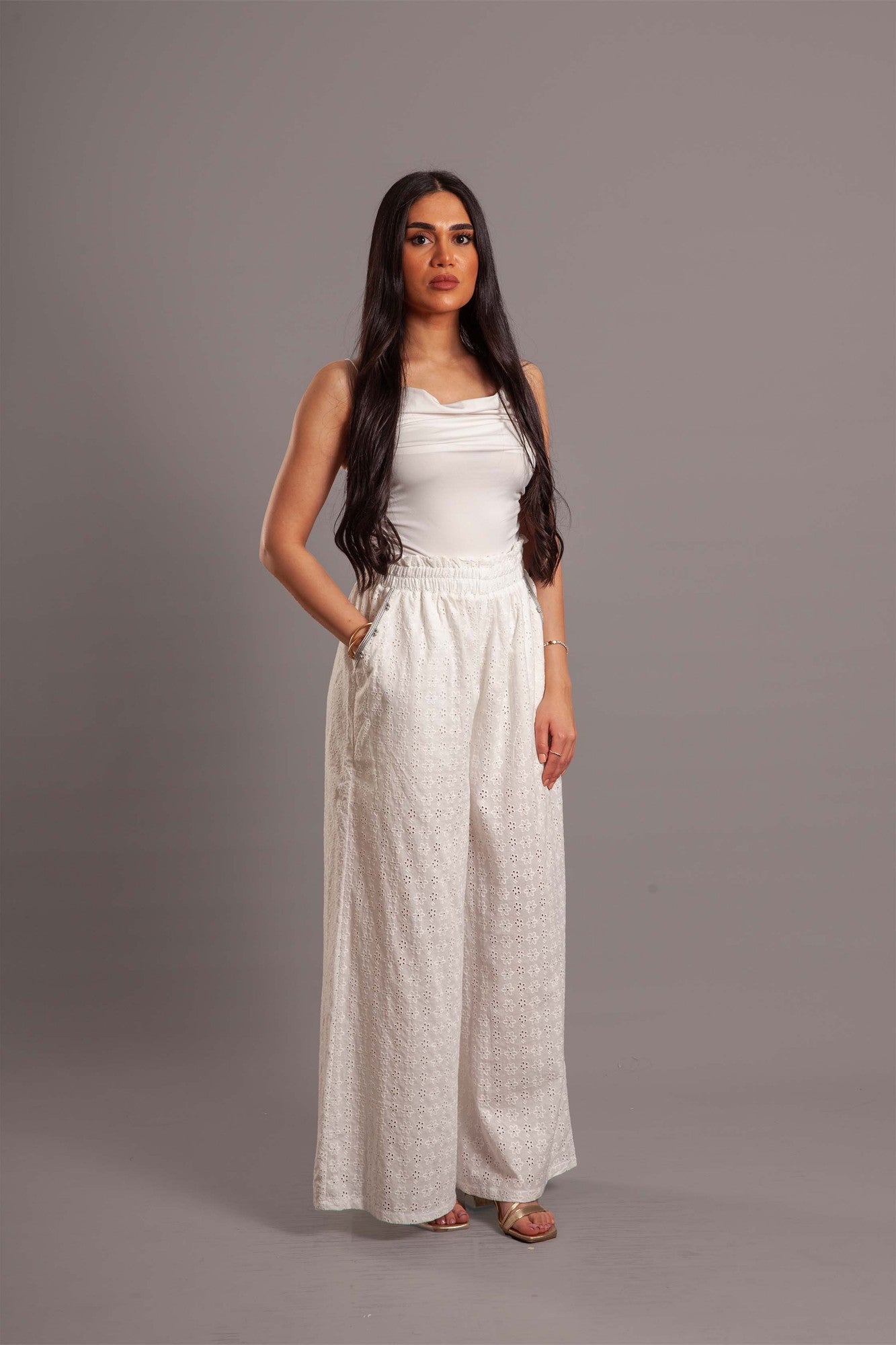 White embroidered cotton pants