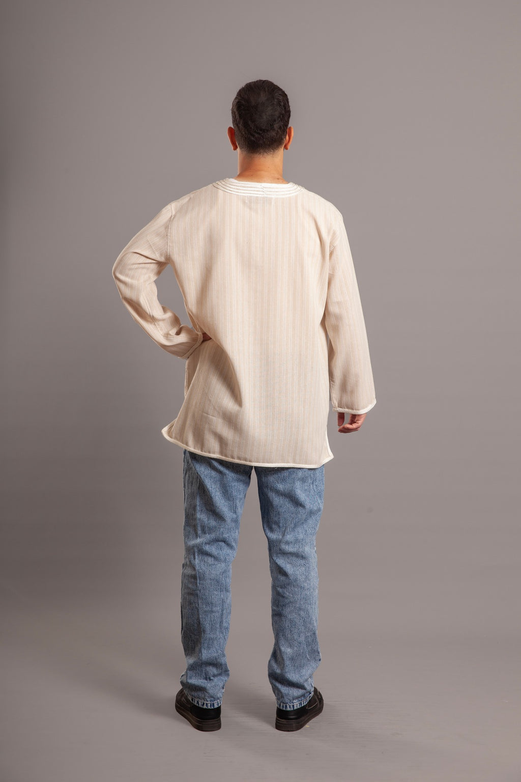 Beige stripped linen embroidered shirt