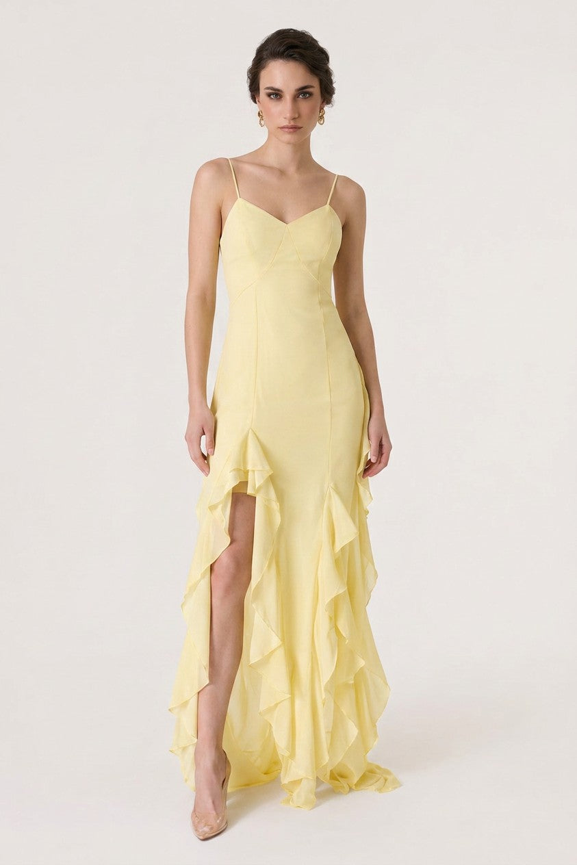 Ruffled chiffon gown - lemon