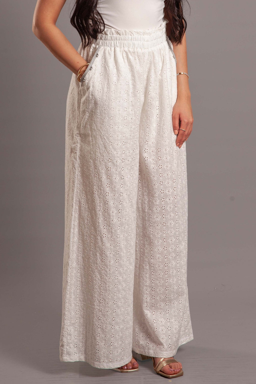 White embroidered cotton pants