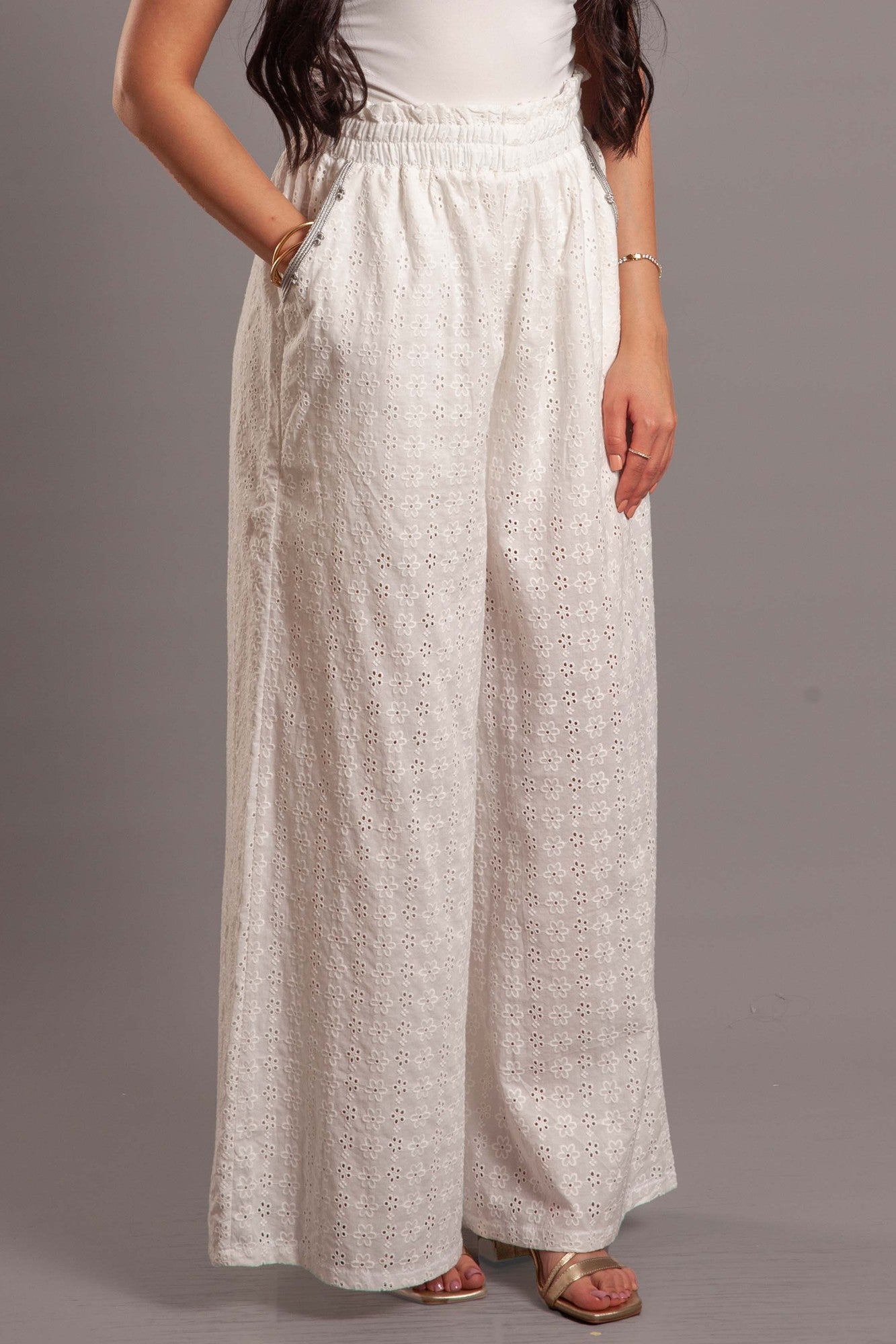 White embroidered cotton pants