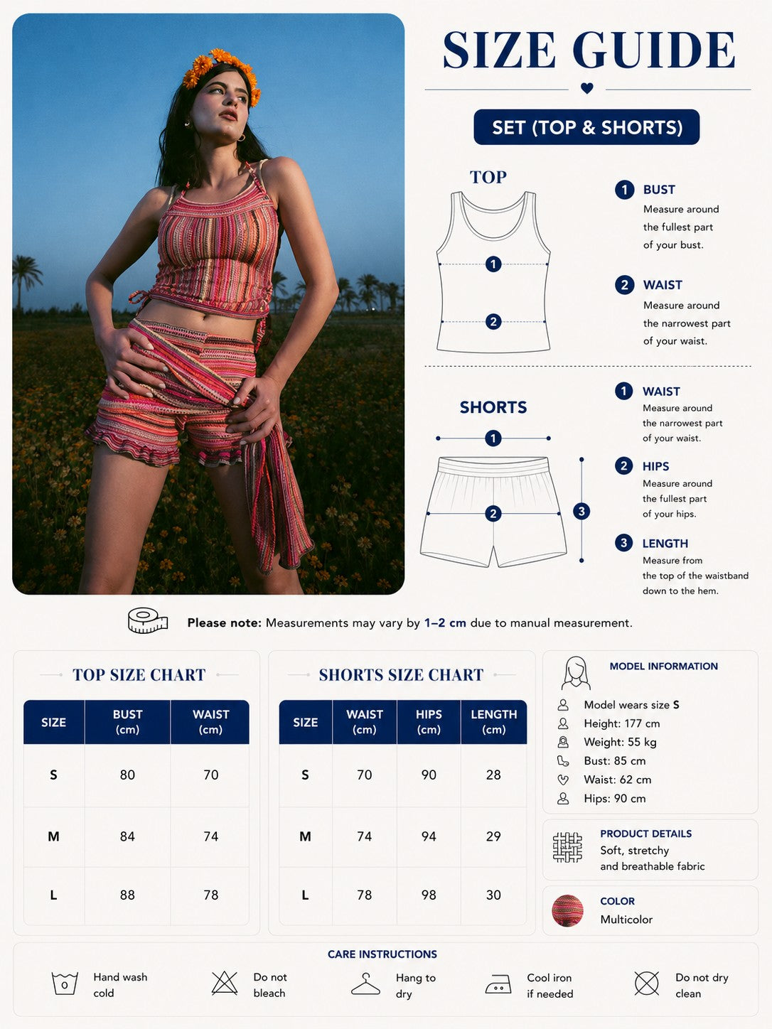 set ( striped pink crop top & short ) Size Chart