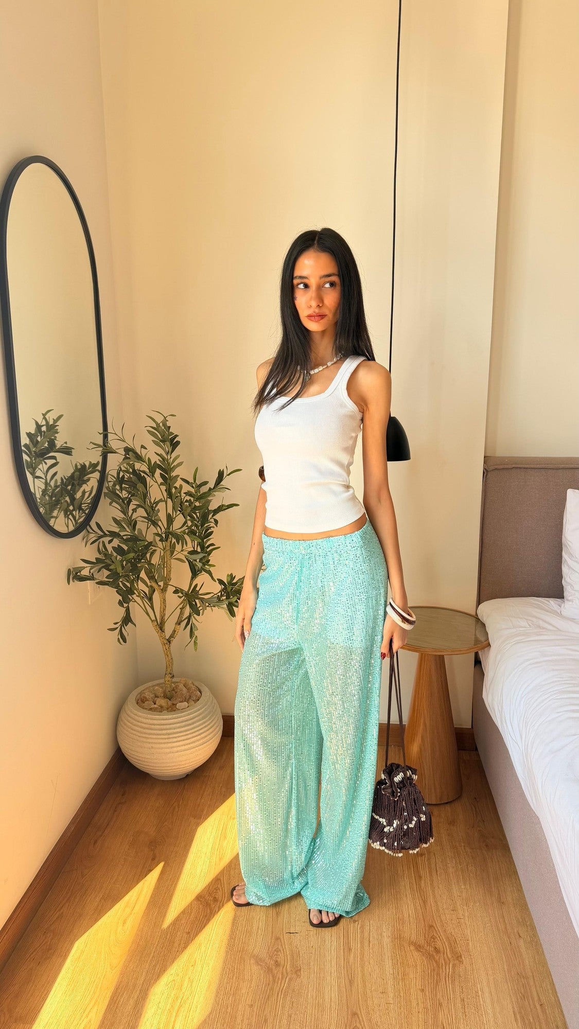 Sequin Pants in aqua blue