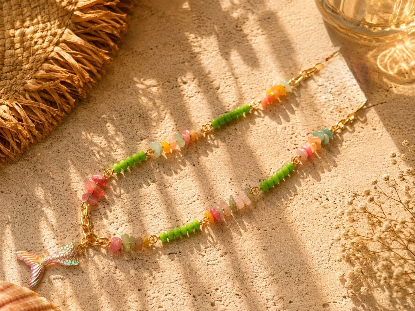 Pink and green fish necklace