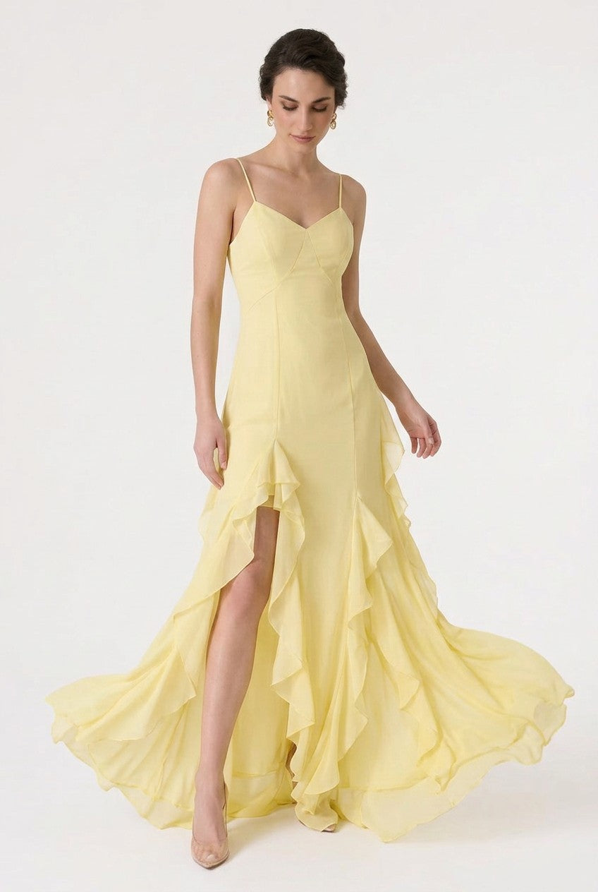 Ruffled chiffon gown - lemon