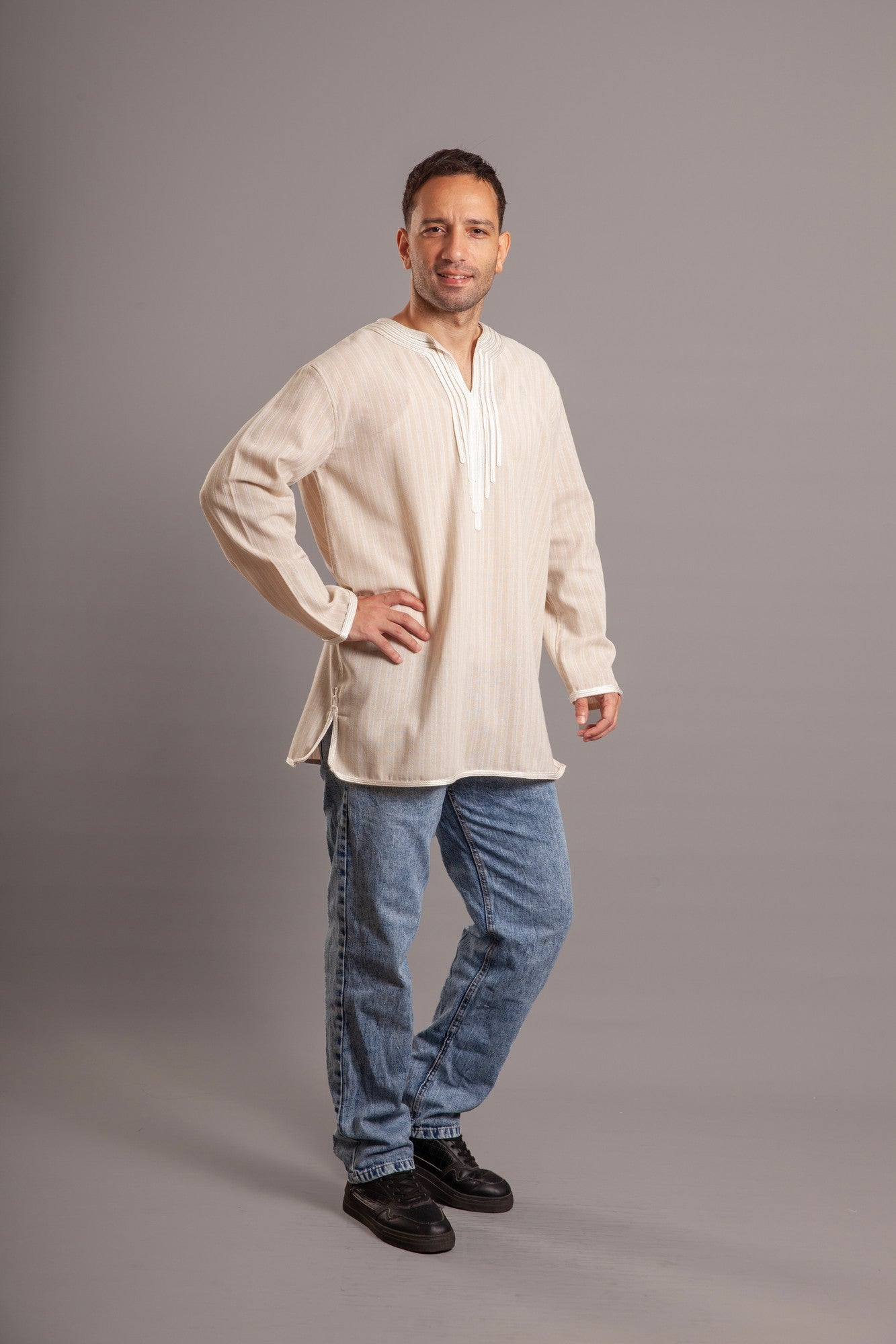 Beige stripped linen embroidered shirt