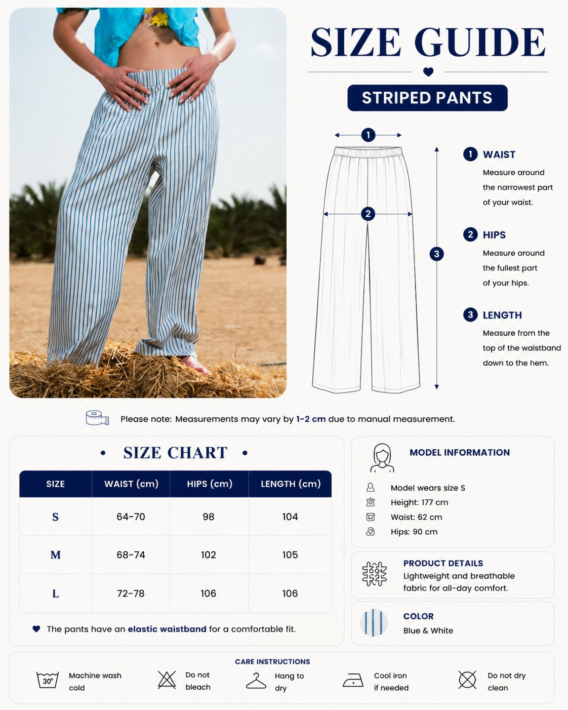 Striped Blue Pants Size Chart