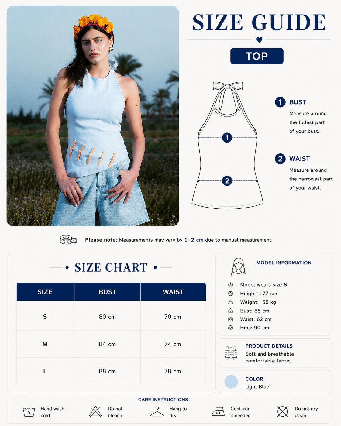 Light Blue Halter Top Size Chart