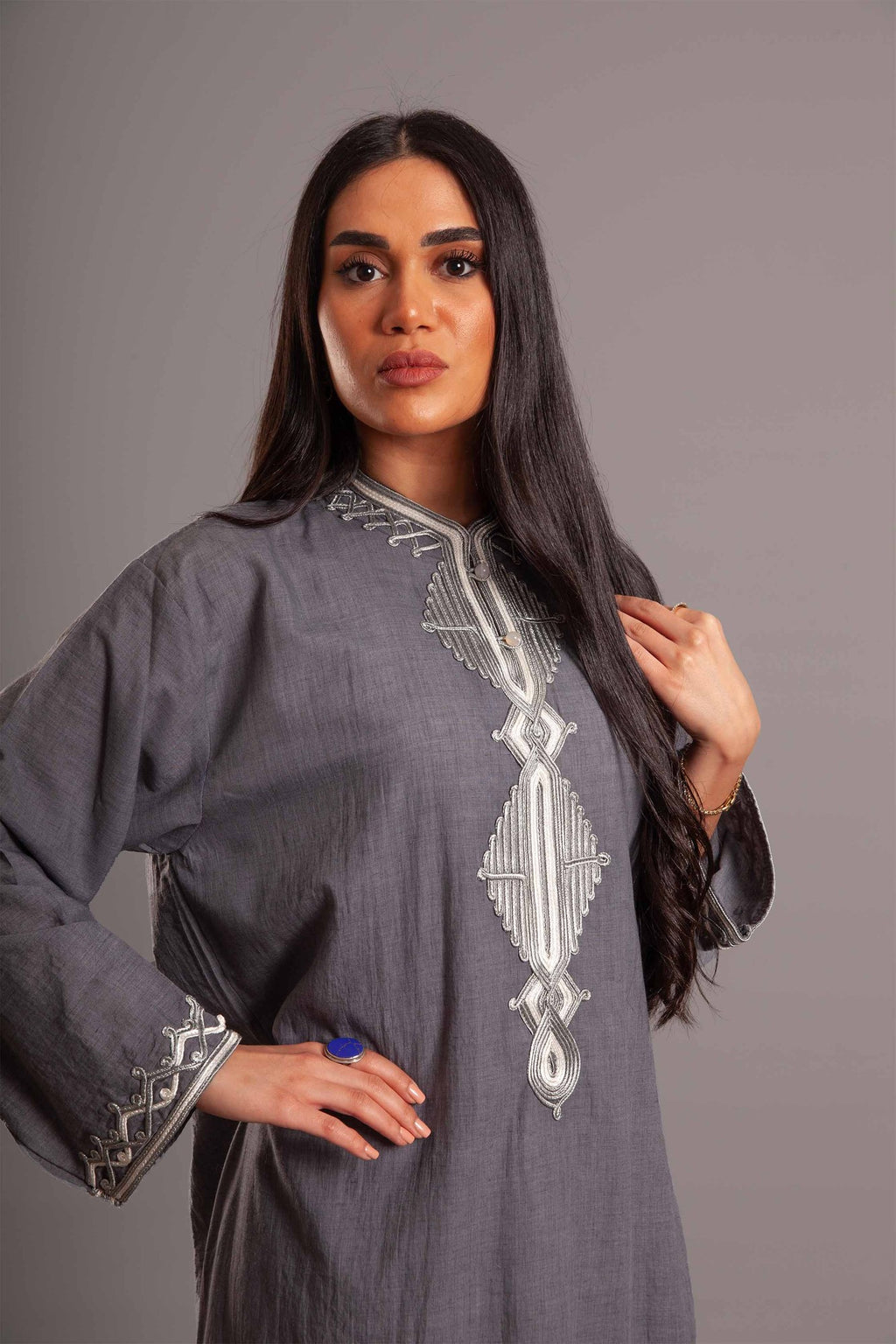 Grey cotton embroidered dress