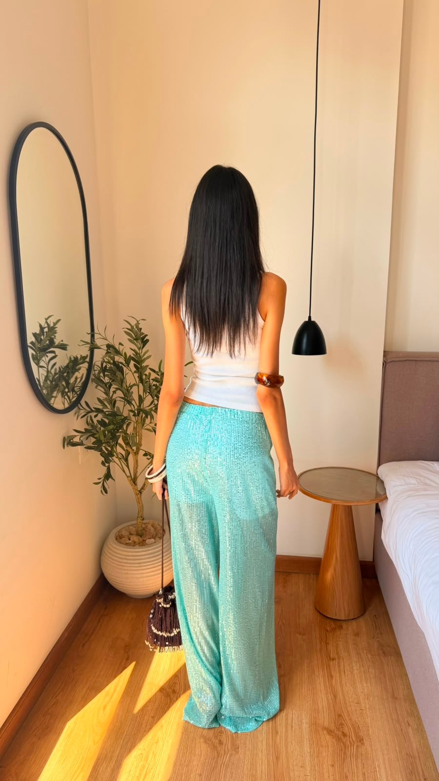 Sequin Pants in aqua blue