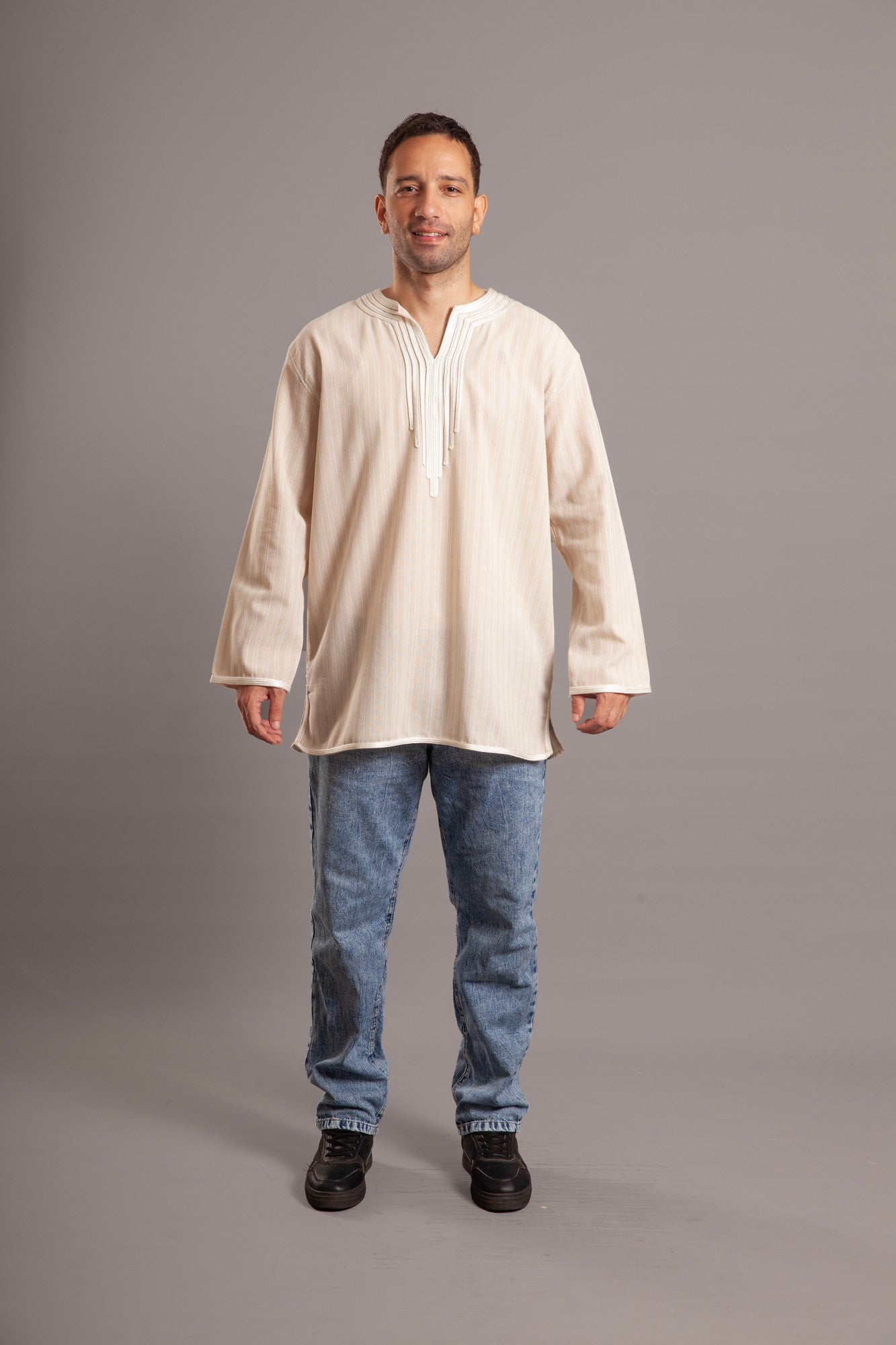 Beige stripped linen embroidered shirt